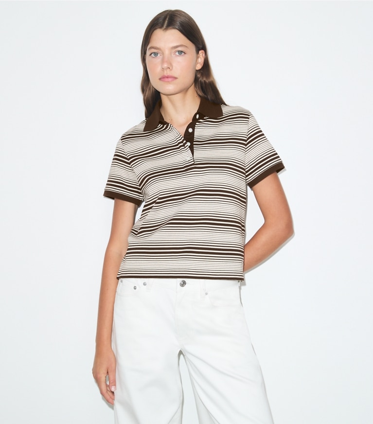 Tory Burch designer oberteile Little Grumps Poloshirt aus Baumwolle in Chocolate Stripe on model detail