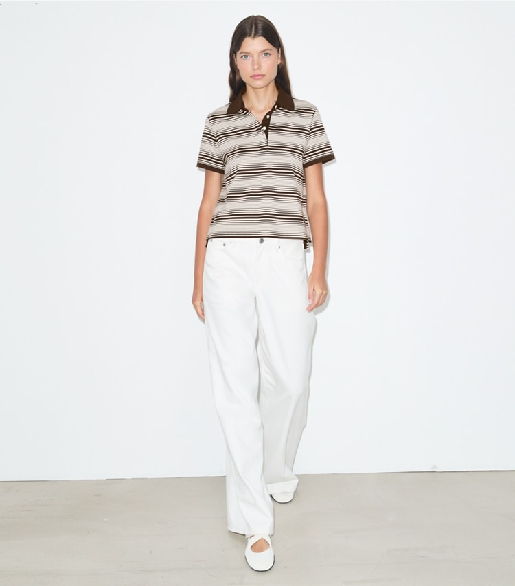 Tory Burch designer oberteile Little Grumps Poloshirt aus Baumwolle in Chocolate Stripe modell von vorn