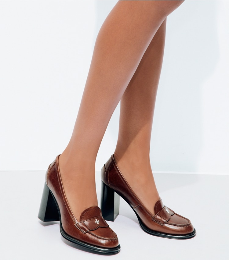Tory Burch designer heels Loafer Pump in PAPAYA SEED accessory on model