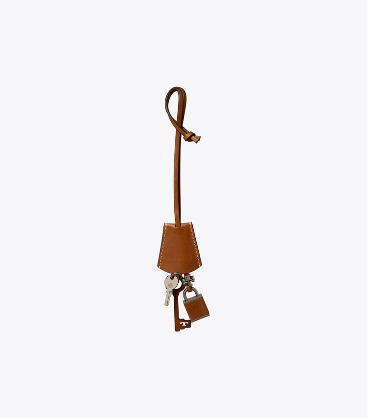 Tory Burch designer bag charms & key rings Lock And Key Bag Charm in Classic Cuoio front
