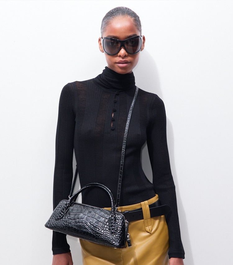 Tory Burch designer crossbody bags Lock Croc-Embossed Top Handle Bag in BLACK additional on model