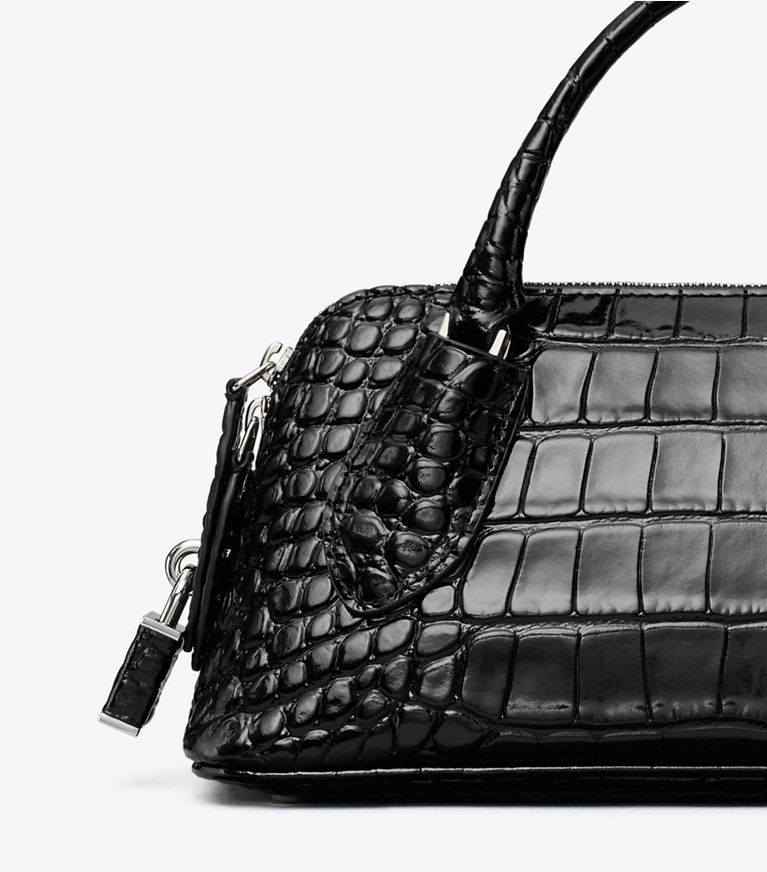 Tory Burch designer crossbody bags Lock Croc-Embossed Top Handle Bag in BLACK detail