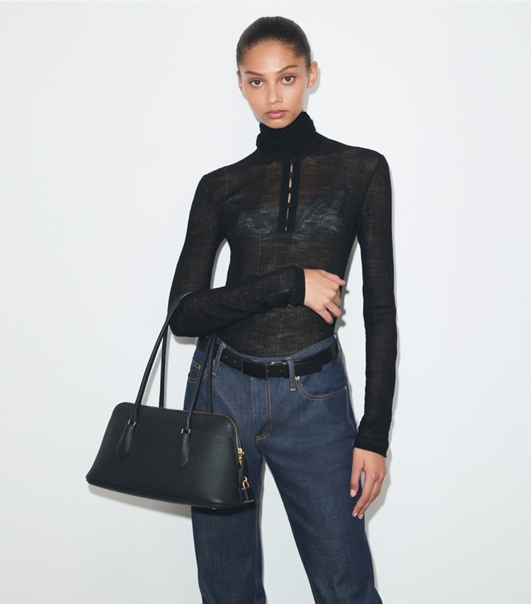 Tory Burch designer satchels Lock East-West Satchel in Black additional on model