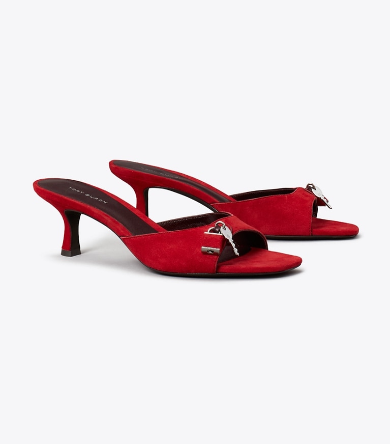 Tory Burch designer sandals Lock Kitten Heel Sandal in TOUCAN RED / MERLOT / SILVER angle