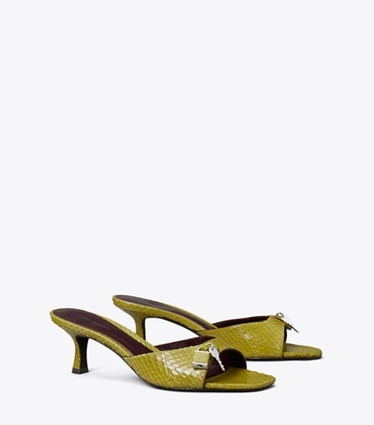 Tory Burch designer sandals Lock Kitten Heel Sandal in MOSS / MERLOT / SILVER angle