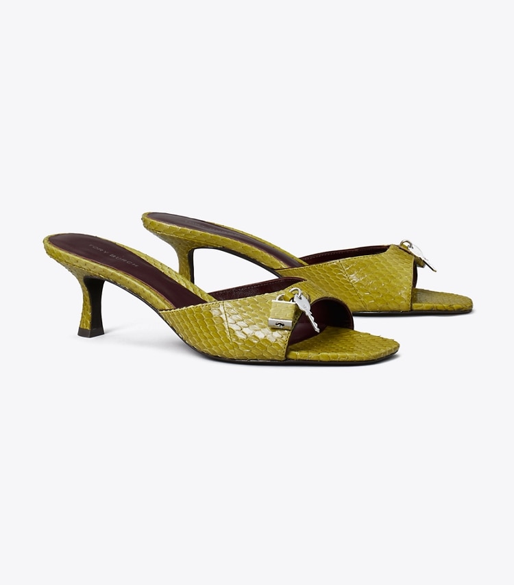 Tory Burch designer sandals Lock Kitten Heel Sandal in MOSS / MERLOT / SILVER angle