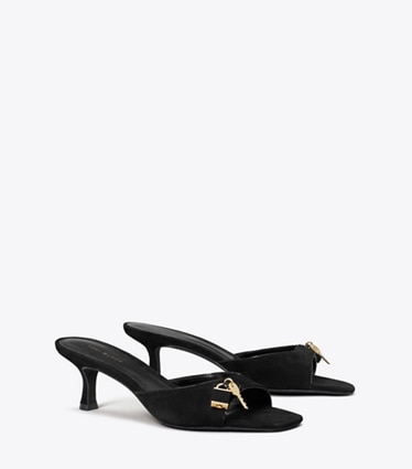 Tory Burch designer sandals Lock Kitten Heel Sandal in PERFECT BLACK / GOLD angle