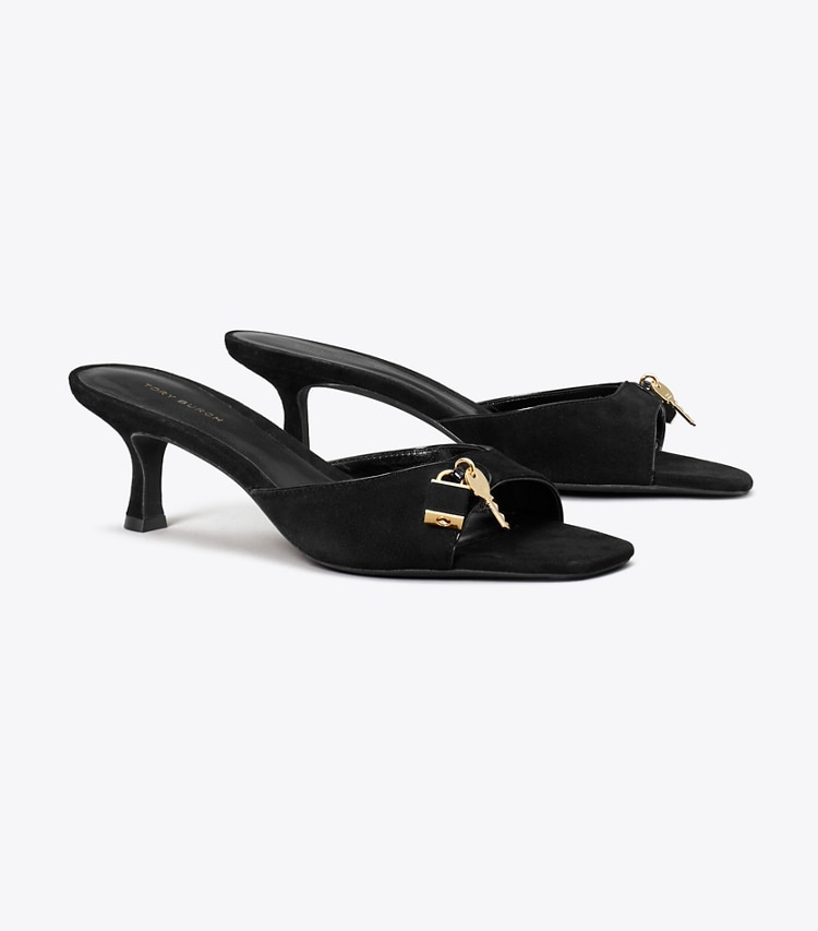Tory Burch designer sandals Lock Kitten Heel Sandal in PERFECT BLACK / GOLD angle