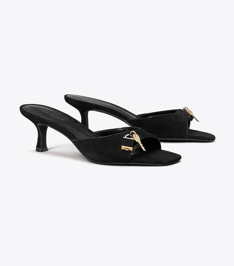 Tory Burch designer sandals Lock Kitten Heel Sandal in PERFECT BLACK / GOLD angle