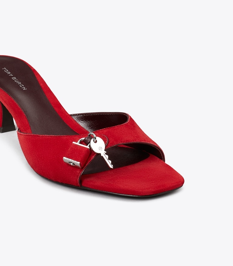 Tory Burch designer sandals Lock Kitten Heel Sandal in TOUCAN RED / MERLOT / SILVER detail