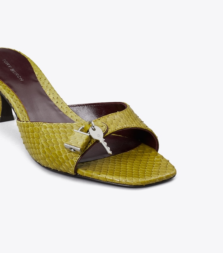 Tory Burch designer sandals Lock Kitten Heel Sandal in MOSS / MERLOT / SILVER detail
