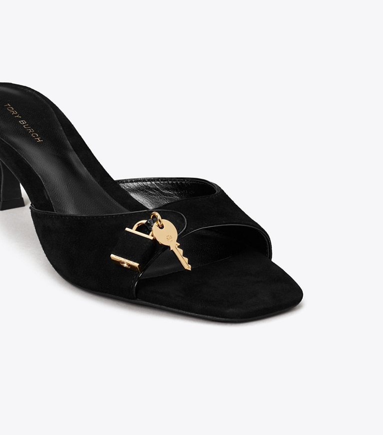 Tory Burch designer sandals Lock Kitten Heel Sandal in PERFECT BLACK / GOLD detail