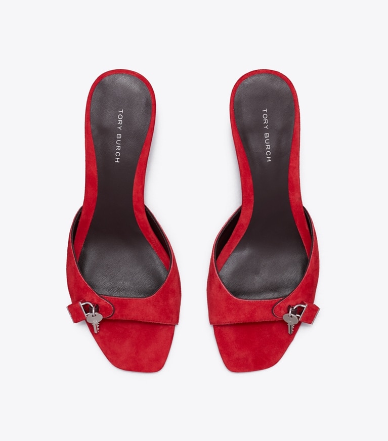 Tory Burch designer sandals Lock Kitten Heel Sandal in TOUCAN RED / MERLOT / SILVER overhead