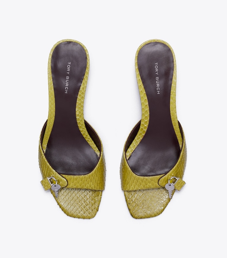 Tory Burch designer sandals Lock Kitten Heel Sandal in MOSS / MERLOT / SILVER overhead
