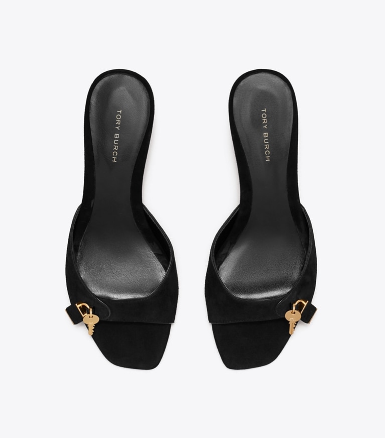Tory Burch designer sandals Lock Kitten Heel Sandal in PERFECT BLACK / GOLD overhead