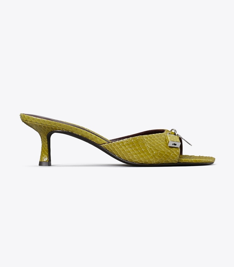 Tory Burch designer sandals Lock Kitten Heel Sandal in MOSS / MERLOT / SILVER side