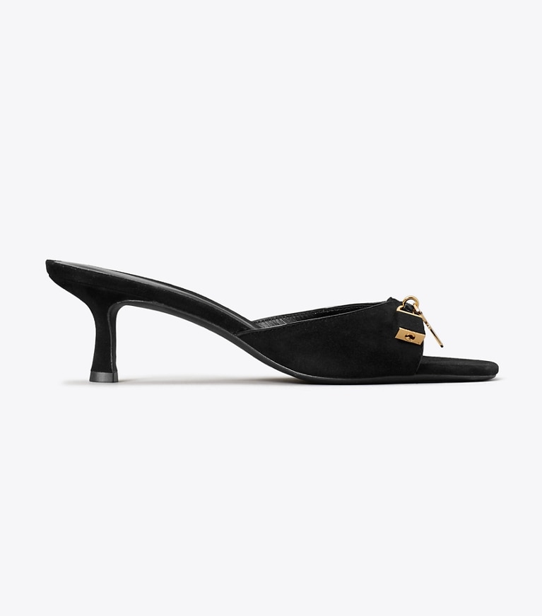 Tory Burch designer sandals Lock Kitten Heel Sandal in PERFECT BLACK / GOLD side