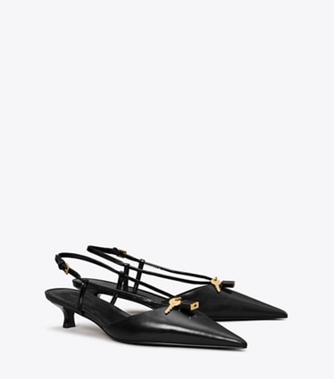 Tory Burch designer heels Lock Low Heel Pump in PERFECT BLACK / GOLD angle
