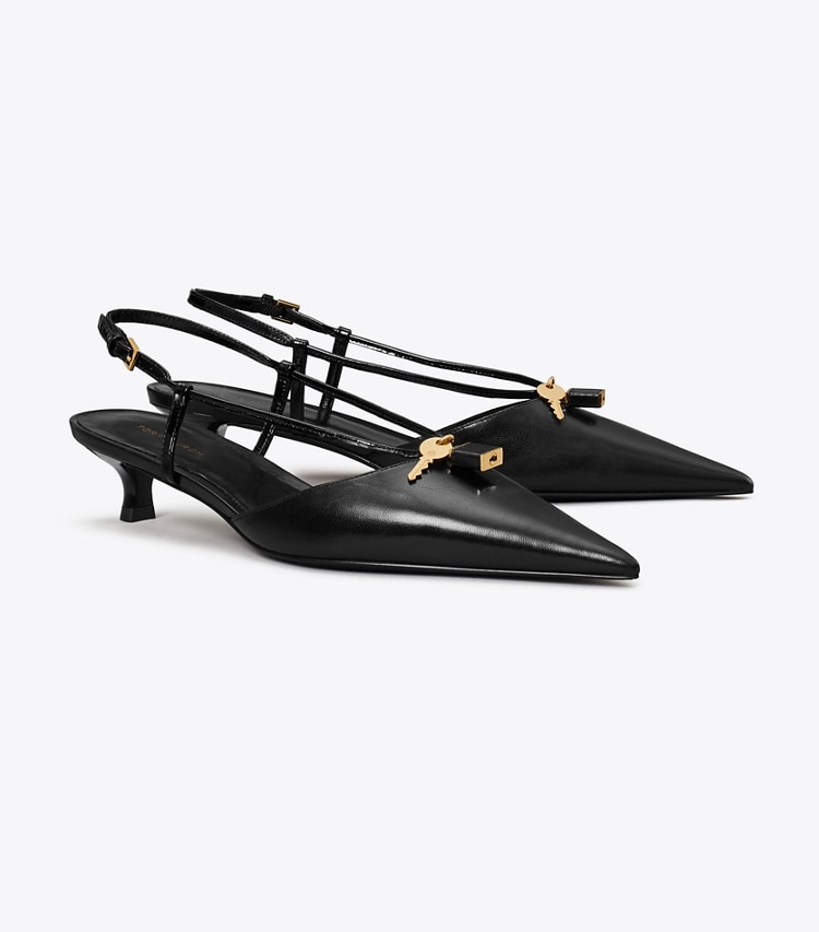 Tory Burch designer heels Lock Low Heel Pump in PERFECT BLACK / GOLD angle