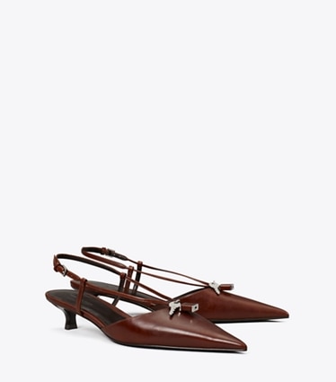 Tory Burch designer heels Lock Low Heel Pump in NEGRONI / SILVER angle