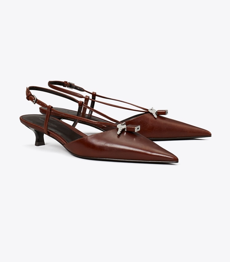 Tory Burch designer heels Lock Low Heel Pump in NEGRONI / SILVER angle