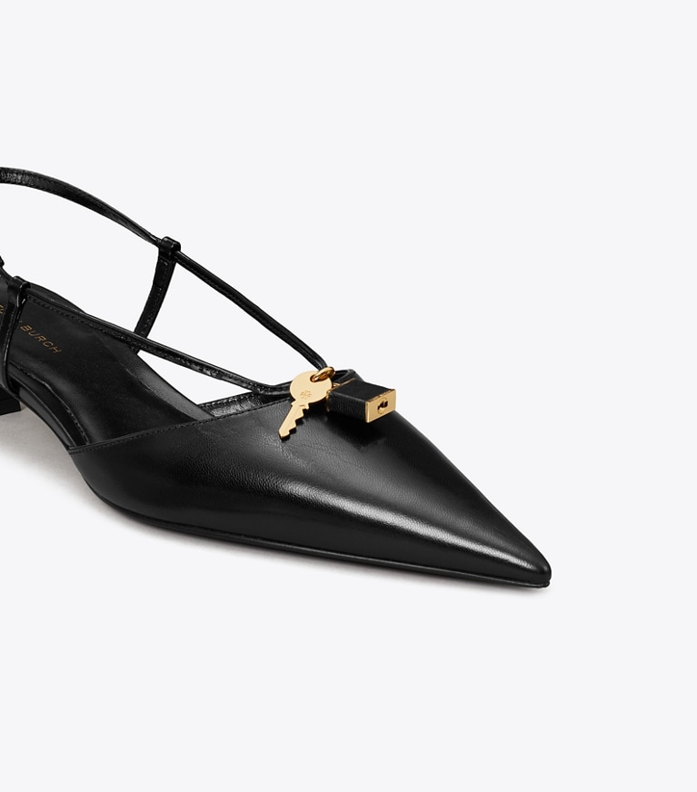 Tory Burch designer heels Lock Low Heel Pump in PERFECT BLACK / GOLD detail