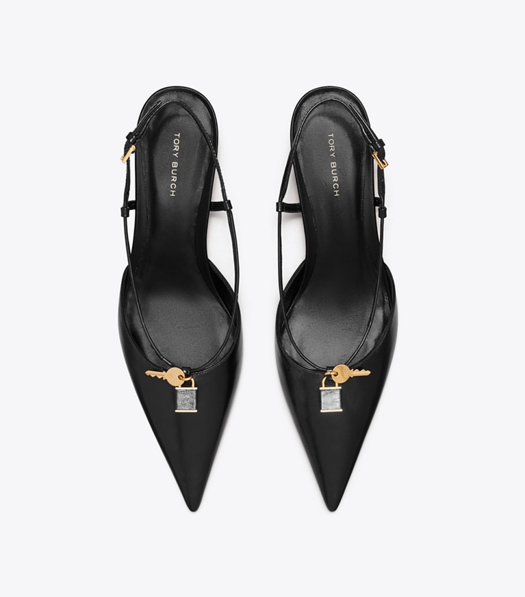 Tory Burch designer heels Lock Low Heel Pump in PERFECT BLACK / GOLD overhead