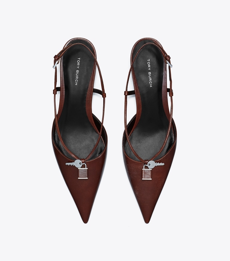 Tory Burch designer heels Lock Low Heel Pump in NEGRONI / SILVER overhead
