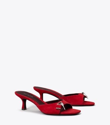 Tory Burch designer sandalen Lock Sandale mit Kitten Heel in TOUCAN RED / MERLOT / SILVER angle
