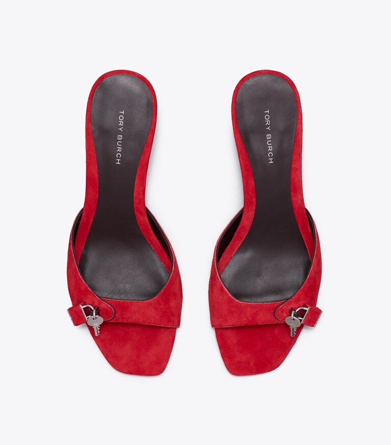 Tory Burch designer sandalen Lock Sandale mit Kitten Heel in TOUCAN RED / MERLOT / SILVER von oben