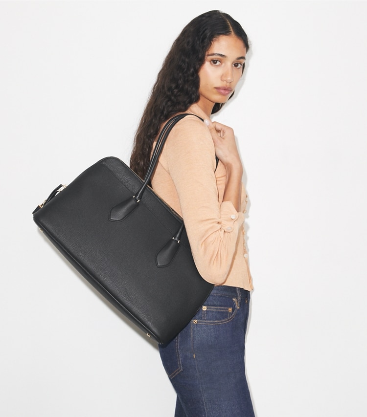 Tory Burch designer satchels Lock Satchel in Black accessory on model