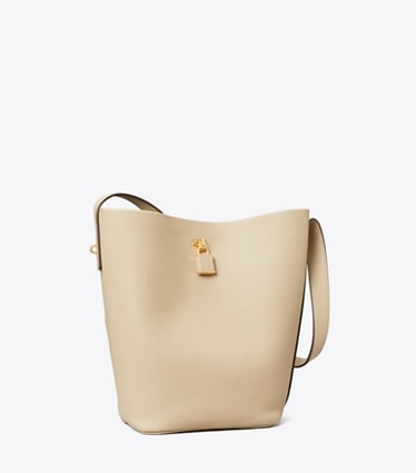 Tory Burch designer shoulder bags Lock Slim Bucket Bag in Light Stone angle