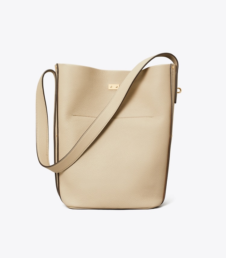 Tory Burch designer shoulder bags Lock Slim Bucket Bag in Light Stone back