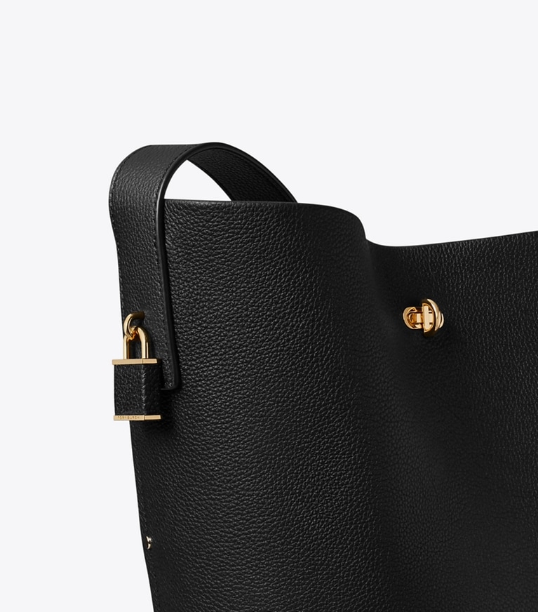 Tory Burch designer shoulder bags Lock Slim Bucket Bag in Black detail
