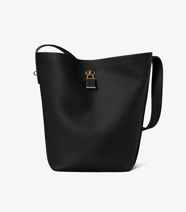 Tory Burch designer shoulder bags Lock Slim Bucket Bag in Black front