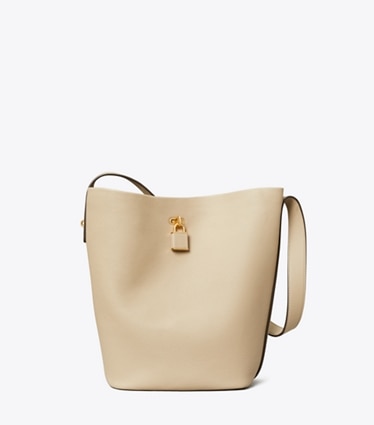Tory Burch designer shoulder bags Lock Slim Bucket Bag in Light Stone front