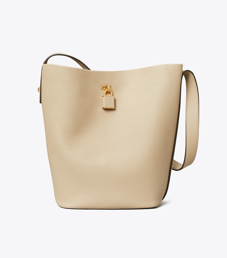 Tory Burch designer shoulder bags Lock Slim Bucket Bag in Light Stone front
