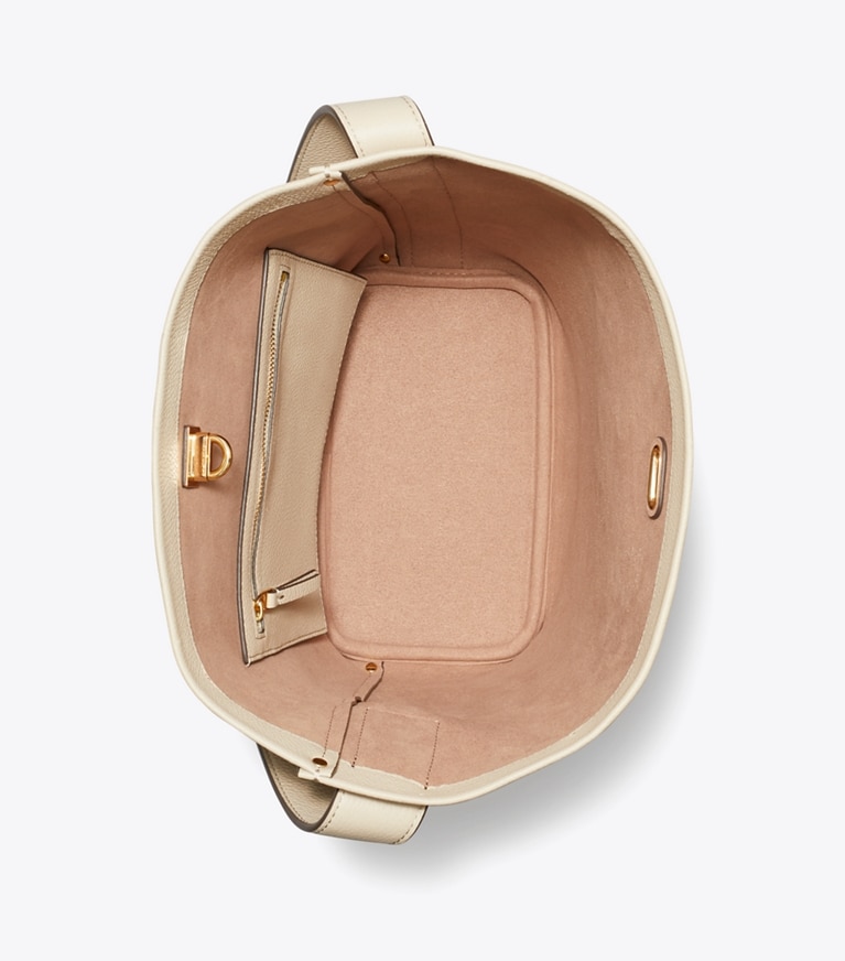 Tory Burch designer shoulder bags Lock Slim Bucket Bag in Light Stone overhead