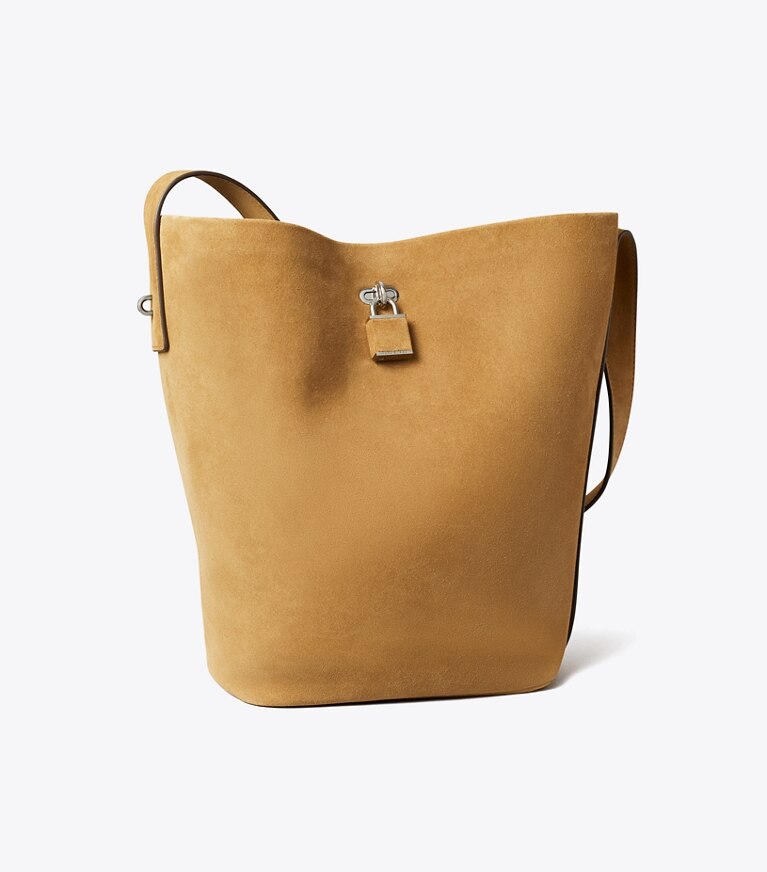 Tory Burch designer shoulder bags Lock Slim Suede Bucket Bag in WILD TABACCO angle