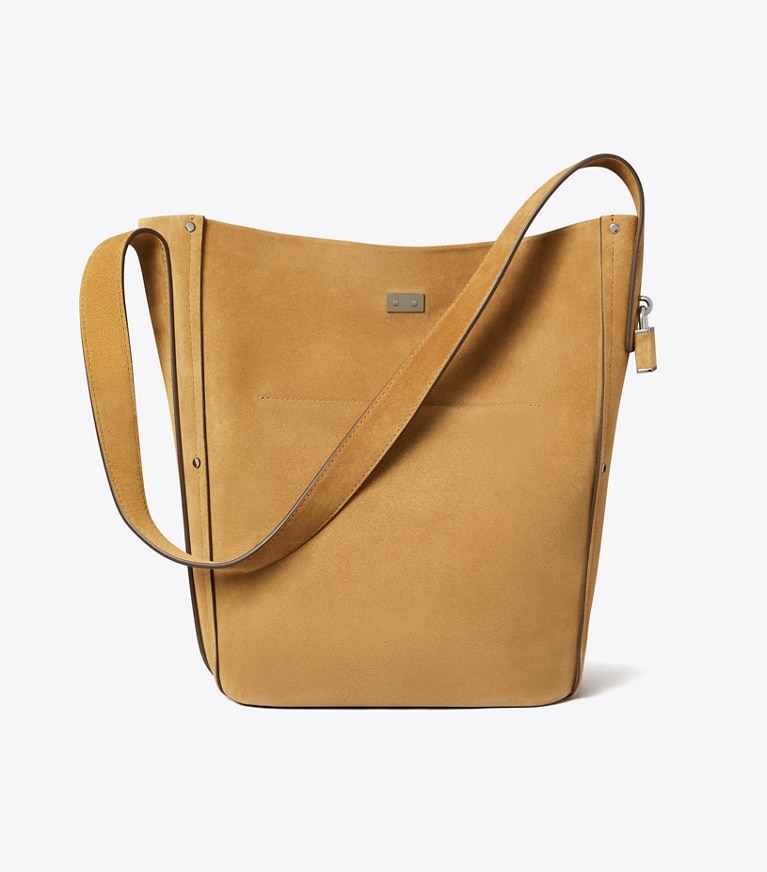Tory Burch designer shoulder bags Lock Slim Suede Bucket Bag in WILD TABACCO back