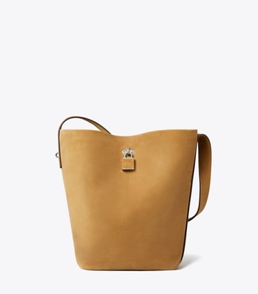 Tory Burch designer shoulder bags Lock Slim Suede Bucket Bag in WILD TABACCO front