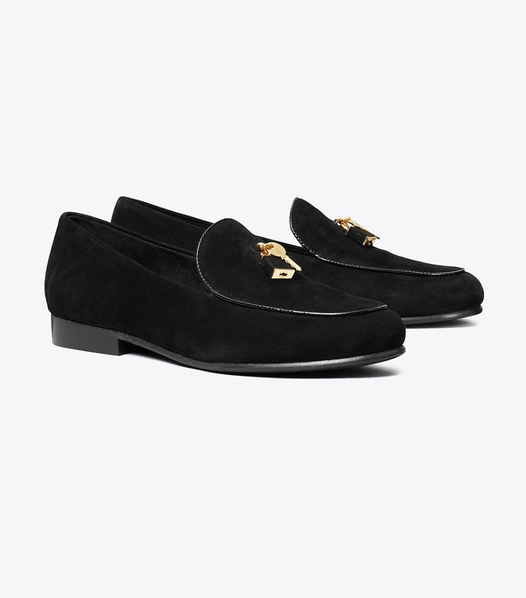 Tory Burch designer flats Lock Smoking Slipper in PERFECT BLACK / GOLD angle