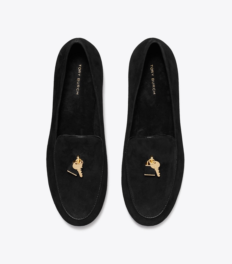 Tory Burch designer flats Lock Smoking Slipper in PERFECT BLACK / GOLD overhead