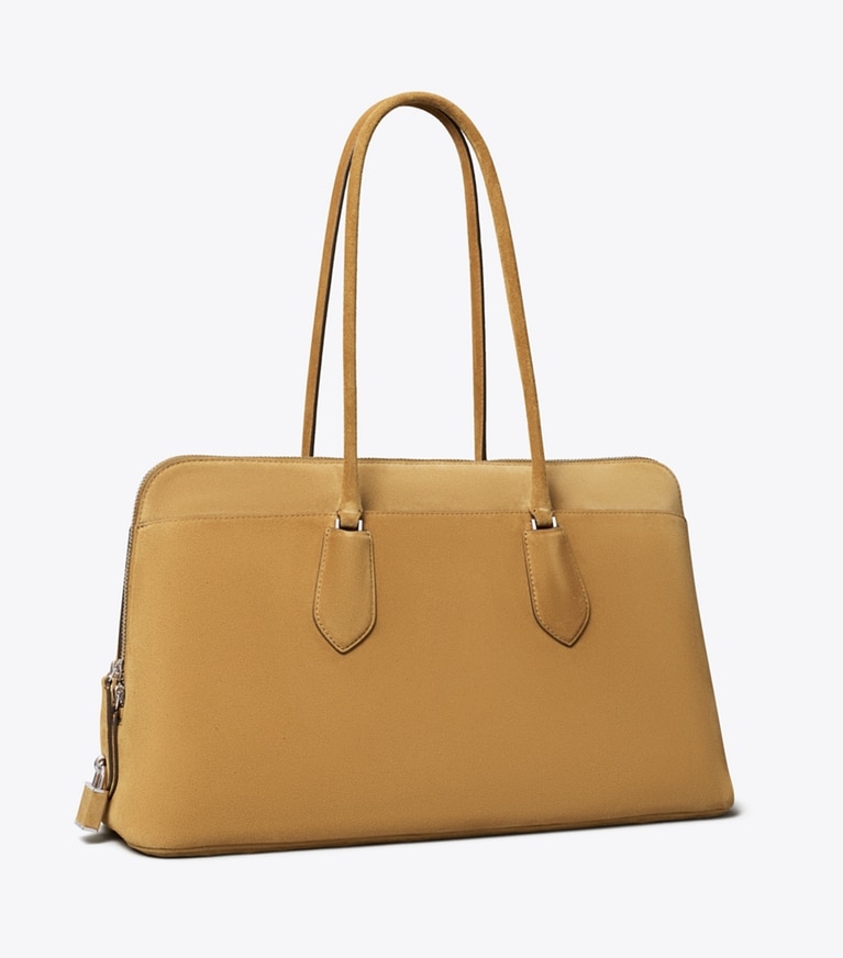 Tory Burch designer satchels Lock Suede Satchel in Toffee angle