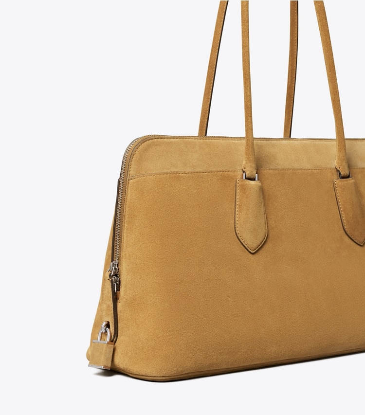 Tory Burch designer satchels Lock Suede Satchel in Toffee detail