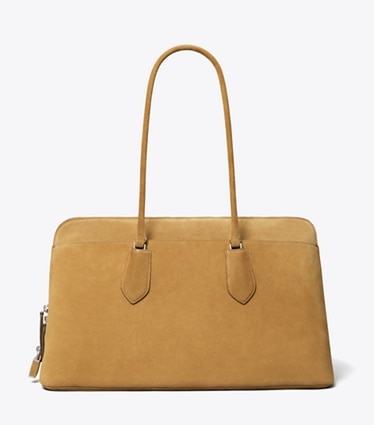 Tory Burch designer satchels Lock Suede Satchel in Toffee front