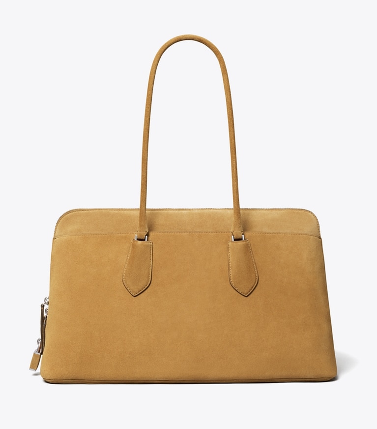 Tory Burch designer satchels Lock Suede Satchel in Toffee front