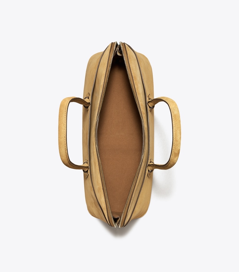 Tory Burch designer satchels Lock Suede Satchel in Toffee overhead