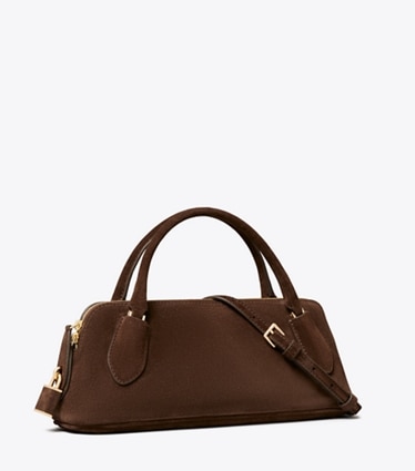 Tory Burch designer crossbody bags Lock Suede Top Handle Bag in DARK COCOA angle