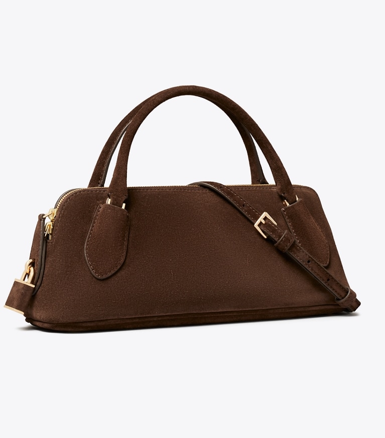 Tory Burch designer crossbody bags Lock Suede Top Handle Bag in DARK COCOA angle